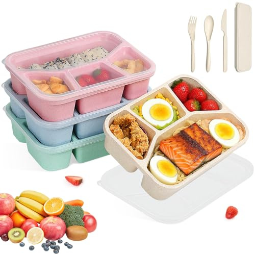 4 Snackbox mit Fächern, Transparentem Deckel & Löffelgabel, Wiederverwendbare Lunchbox für Erwachsene & Kinder, Mikrowellengeeignet Frühstücksbox für Schule,Arbeit,Büro,Picknick (Beige,Blau,Rosa,Grün)
