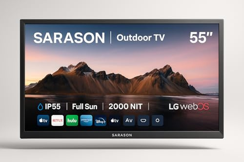Sarason Outdoor TV, Smart TV 4K UHD, 2000Nit Ultra Bright, Sunlight Readable for Outdoor Use, HDR10, IP55 Waterproof, Dolby Atmos, LG webOS Apps Best for UK, Screen Cast (55 Inch)