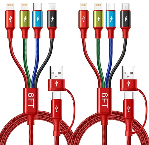Minlu Câbles de Charge USB 6 en 1, Chargeur Multi Embout [Lot de 2 1,8M] | Câble de Charge Rapide avec Micro/Type C/Lightning pour iPhone 17/16/15/14/13/12/11,Android,Galaxy S25/S24/S23,Tablette