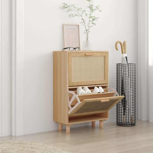 HaoChrymec Schuhschrank Braun, Holzwerkstoff & Natur-Rattan, 2 Klappen, Kippbar, Schuhaufbewahrung, für Flur und Dielen, 52 x 25 x 80 cm