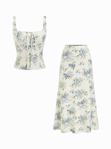 CIDER Zweiteiliges Damen-Outfit, florales Tanktop mit Schnürung vorne und A-Linien-Röcken, Sommer, lässiges Ausgehen