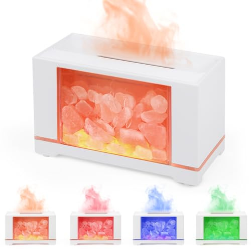 Fefod Diffuseur d'huiles Essentielles & Lampe en Cristal de Sel Himalaya, Diffuseur d'aromathérapie avec Lumière Effet Flamme, Humidificateur à Brume Froide Luminosité Multicolore, Pour Maison, Bureau