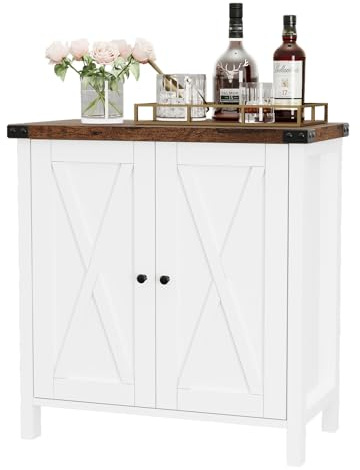GarveeMore Mueble Cocina Aparador con Puertas y Estante Regulable Buffet Rustico para Cocina, Salón o Comedor Mueble Auxiliar 76x40x80 cm Marrón+Blanco