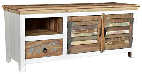 Woodkings® TV-Bank Perth weiß, 2türig, recyceltes Massivholz antik, TV-Unterschrank Vintage, Design TV-Möbel Schublade Holzmöbel