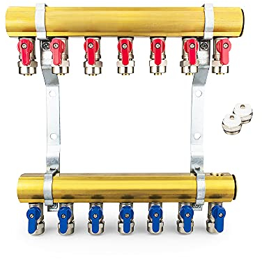 Messing Heizkreisverteiler 7 Heizkreise Set mit 14 x PEX Kugelhahn mit Klemmring 16mm x 1/2 AG & 2 x Entlüfter & 2 x Blindstopfen 1 Zoll | Systemverteiler Zentralheizung 2-12 Fach Verteiler Heizung