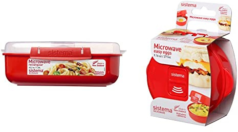 Sistema Microwave Rectangular Container, 1.25 L - Red/Clear & Microwave Egg Cooker Easy Eggs, 270 ml - Red