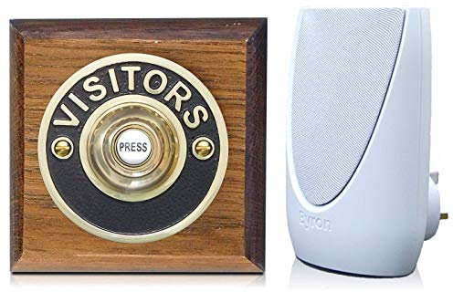 Byron 100m Wireless Period Plug-in Doorbell kit Push on Plinth (Tudor Visitor Brass)