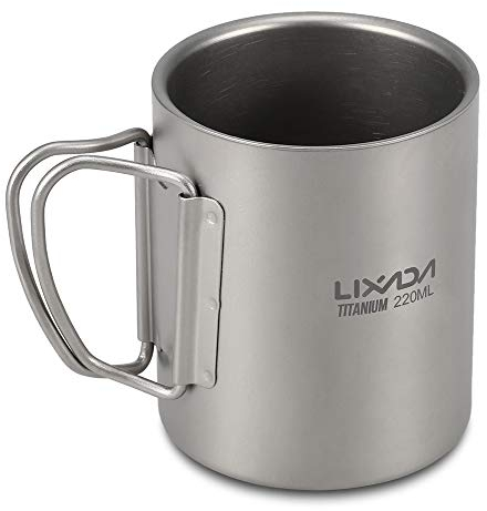 LIXADA Camping-Tasse aus Titan, 220 ml/450 ml, doppelwandig, für Wasser, Kaffee, Tee, Tasse mit faltbarem Griff (220 ml)