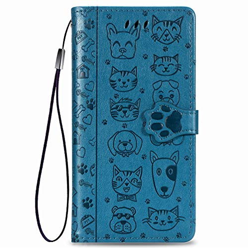 Fertuo Funda para Redmi Note 9S / Note 9 Pro, Carcasa Libro con Tapa de Cuero con Ranuras de Tarjeta, Soporte, Cierre Magnético [Gato Perro] Flip Case Cover para Xiaomi Redmi Note 9S, Azul