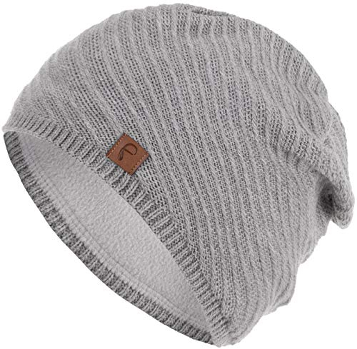 Faera Wintermütze warm gefüttert Fleece-Futter Winter Mütze Strick-Mütze Beanie-Mütze Damen One-Size 07, Farbe:Grau