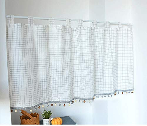 Yaland Elegant Schlaufenschal karo Gardine Karierte Küche Gardine Scheibengardine mit Kugeln-Kante Landhausstil Bistrogardine mit Raffhalter (HxB 60x100cm, Weiß) 1 Stück