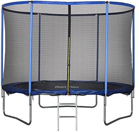 HOMCOM Trampolino Elastico da Esterno, Tappeto Elastico per Bambini e Adulti da Giardino con Rete di Sicurezza, Scaletta e Bordo Imbottito, Giochi da Giardino e Casa, Ø305x248cm, Blu e Nero