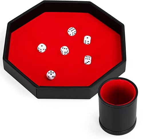 Belle Vous Schwarzes PU-Leder Würfelbrett Groß mit Rotem Samt Achteck mit Becher und Würfeln - Dice Set für Tischspiele wie RPG und DND/D&D mit Passendem Becher - Catchall Tray für Schmuck