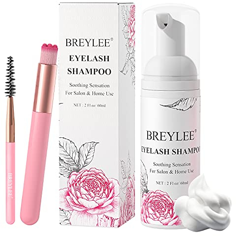 Eyelash Extension Shampoo, BREYLEE Eyelash Extension Cleanser Eyelash Extension Foam with 2 Mascara Wand for Makeup Remover for Salon and Home Use(60ml, 2 fl oz)