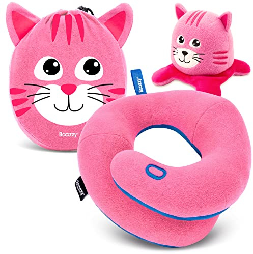 BCOZZY Kids Chin Supporting Travel Pillow for 3-7 Y/O- Stops the Head from Falling Forward- Comfortable Road Trip Essential. Soft, Washable, Small Size, Pink, Kitty Bag