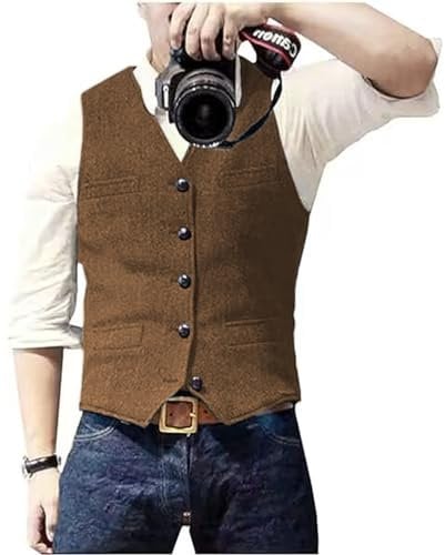 Solovedress Herren Casual Wolle Fischgrätmuster Anzug Weste V-Ausschnitt Tweed Weste für Hochzeit Groomsmen(Braun,M)