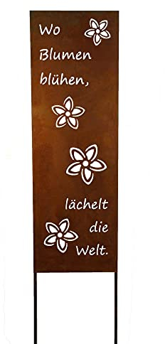 Schild Spruchtafel Gartenschild Edelrost rostige Gartendeko 115cm Edelrost (Wo Blumen blühen)