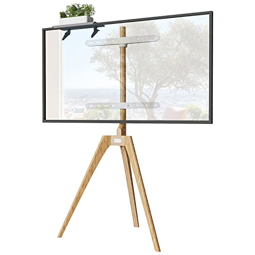 PUTORSEN TV Ständer im Staffelei Design für TV 45-65 Zoll, TV Stativ Buchenholz mit Medienablage, 45 Grad schwenkbar, max. VESA 400 x 400 mm und Belastung bis 40KG