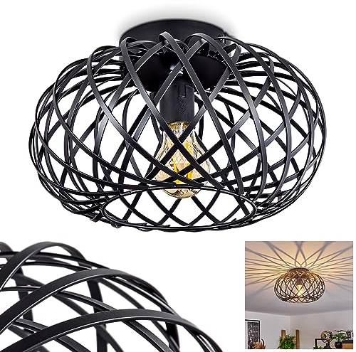 Deckenleuchte Oravi, runde Deckenlampe aus Metall in Schwarz, 1-flammig, E27-Fassung, ohne Leuchtmittel, Ø 30 cm, Retro/Vintage Leuchte mit tollem Lichteffekt durch Gitter-Optik