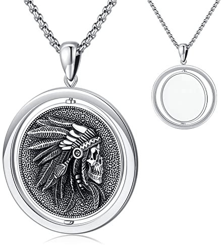 Midir&Etain Native American Jewellery Sterling Silver Indian Chief Tribal Pendant Necklace Rotatable Punk Skull Necklace Halloween Jewellery Gifts for Women Men