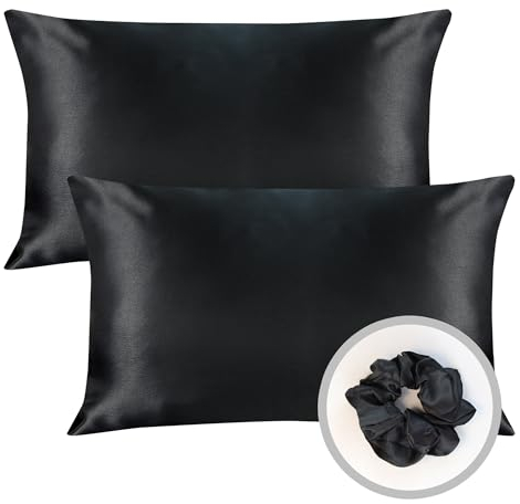 2er Pack Satin Kissenbezug für Haar und Haut, 100% Seidig Luxus Satin Kissenhülle mit Hotelverschluss, Schwarz Kopfkissenbezug Weich und Atmungsaktiv Kissenbezüge 40 x 80 cm