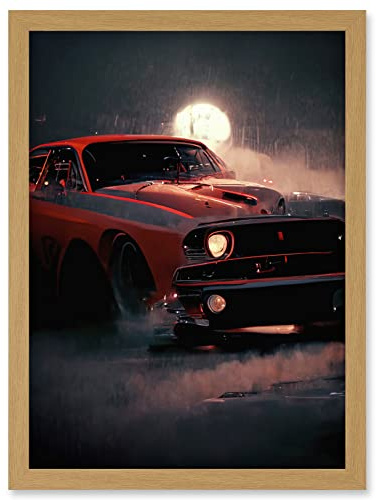 Doppelganger33 LTD Classic Red Sports Muscle Car On A Rainy Atmospheric Night Artwork Framed Wall Art Print A4