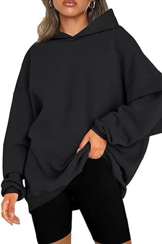 NEYOUQE Pullover Winter Langarm Solid Color Loose Sweatshirts Fleece Gefüttert Soft Pulli Damen Casual Damen Hoodie Schwarz XL 48-50