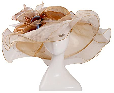 LUMoony Damen Organza Fascinator Braut Hochzeit Sonnenhut Tee Party Hut breite Krempe Strandmütze mit großer Krempe in Beige für Damen, Sommer, Hochzeit, Party, Urlaub, Freizeit, Outdoor