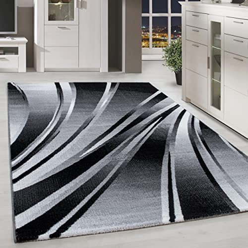 HomebyHome Teppich Wohnzimmer 240x340 cm Schwarz XL Modern Abstraktes Wellen Design Kurzflor für große Flächen Schlafzimmer Esszimmer Waschbar Pflegeleicht Extra Weich