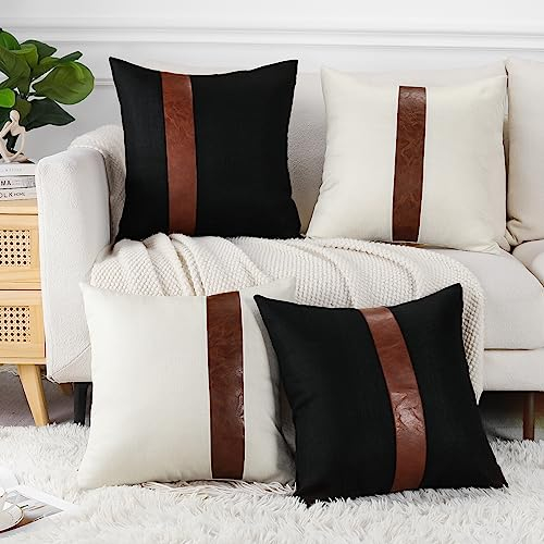 JOTOM Kissenbezüge Dekorative Leinen Leder Kissenbezug Geometrische Stil Dekokissen Sofakissen Kissenhülle für Couch Sofa Outdoor (40 x 40 cm, Schwarz + Weiß)
