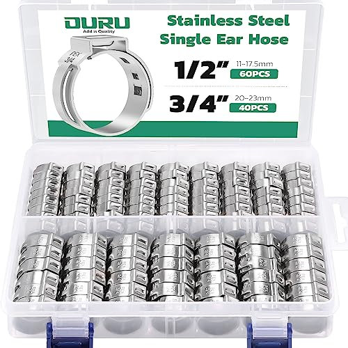 OURU 100PCS Pex Crimp Rings Assortment,304 Stainless Steel Pex Clamps 1/2,3/4 Single Ear Hose Clamps,Pex Cinch Clamps for Pex Fittings Pipe Tubing