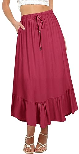 REORIA Damen Röcke Elastische Maxiröcke mit hoher Taille für Damen Lange Röcke mit Taschen Rot XL