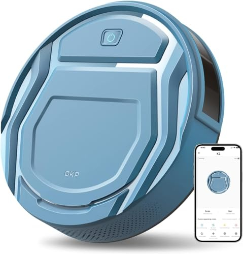 OKP Aspirateur Robot, Robot Aspirateur Puissance d'Aspiration, Ultra Mince Silencieux Aspirateur, Contrôle Alexa/WiFi/APP, 6 Modes de Nettoyage, Idéal pour Les Poils d'animaux Tapis Sols Durs K2LB