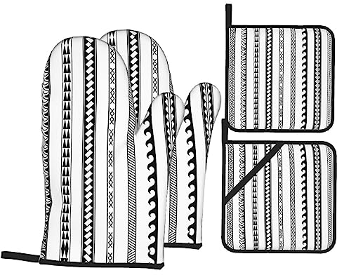 Set di guanti da forno e presine con motivo a strisce triangolari, in tessuto, resistente al calore e facile da pulire