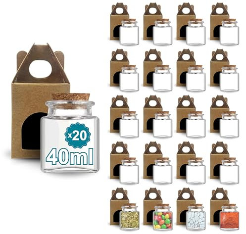 Espirito Rebelde 20 Pots en Verre Carrés pour Épices 40ml avec Bouchon en Liège + 20 Boîtes Kraft | Bocaux Rangement Cuisine | Épices, Confiture, Yaourt