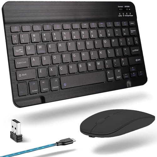 Bluetooth Keyboard and Mouse Set for iPad, Tablets, Android, iPhone, Mac - 2.4Ghz & 5.2 Mini Rechargeable Compact Slim Keyboard With Silent Wireless Mouse, QWERTY Black Combos
