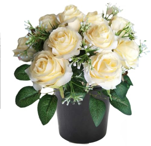 Etomvoop Grab blume im Topf, künstliche Rose, künstliche Rose, für Gedenkfriedhof, dekorativ (gelb)