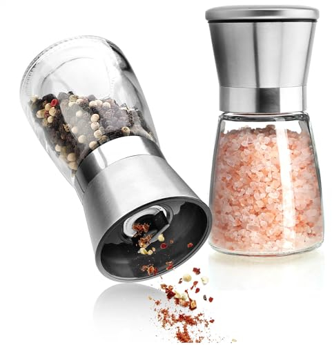 COM-FOUR® Juego de Molinillo de Sal y Pimienta de 2 Piezas de Vidrio y Acero Inoxidable con Molinillo de cerámica - Accesorios de Cocina Elegantes - Molinillo de Especias (02 piezas - con tapa)