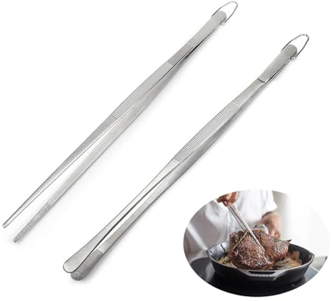TRKETK 2 Pcs 12 Inch Tweezers Tongs, Extra Long Tweezers Tongs Cooking Tweezers Stainless Steel with Hook Professional Kitchen Tweezers for Cooking Baking Barbecue (Silver)