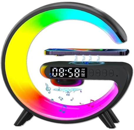 Wireless Light Speaker Charger | Nachttischlampe mit Ladefunktion | Atmosphärenlicht Drahtlos Ladefunktion | Tischlamp mit Wecker Ladefunktion | Schlafzimmer-Nachttischlampe Geschenke (Schwarz)
