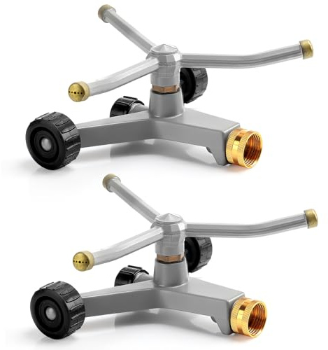 Tiangrid 2 Pcs Metal Rotary Lawn Water Sprinkler 3 Arm Heavy Duty Automatic Revolving Whirling with Wheeled Base for Lawn Yard Garden Backyard, Can Be Chained Together