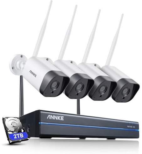 ANNKE 3MP Funk Überwachungskamera Set Aussen 10CH 5MP NVR mit 4 X 3MP Überwachungskameras Videoüberwachungs Set mit 2TB Festplatte unterstützt Audioaufzeichnung, IP66 Wetterfest, Kompatibel mit Alexa