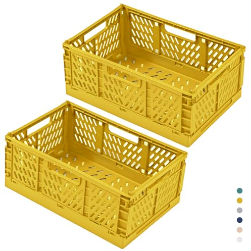hautllaif 2 Stück Faltbare Kunststoff Aufbewahrungsbox, Einkaufskiste Klappbar, Stabil Klappboxen Faltbar für Küche, Büro, Schlafzimmer, Schrank, Schublade (Gelb, 42.5*28.5*16.5)