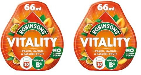Robinsons Vitality Peach, Mango & Passion Fruit with Vitamin B3 Real Fruit Juice Benefit Drops, 66 ml (Pack of 2)