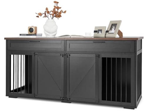 GYMAX 3-in-1 Hundekäfig, Hundehütte mit 2 Schubladen & verstellbarem Trennwand, Haustierkäfig mit 2 Türen für Haustiere, Hundebox für mittelgroße & große Hunde (Schwarz)