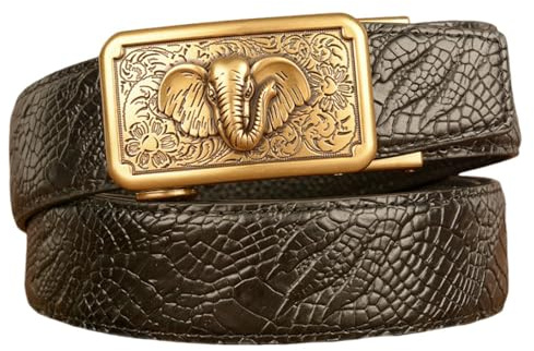 AGUTALITHIC Herren Gürtel Ratsche Automatik Ledergürtel Krokodilklauenmuster Dekoration Mit Gold Gürtelschnalle Western Elefanten Kopf Automatikschließe,35mm Breit(110cm/43, Black)