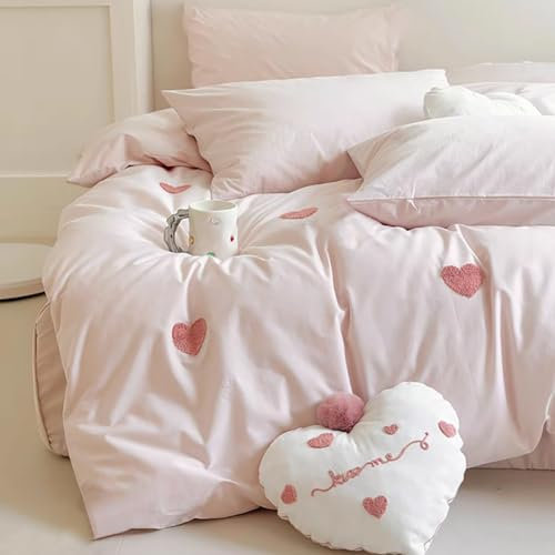 Michorinee Housse de Couette 140x200 Rose Cœur Broderie - Parure de Lit Tuftée Adulte 1 Personne avec Fermeture Éclair, Parure Housse Couette Boheme Chic avec Taie d'oreiller 65x65 cm
