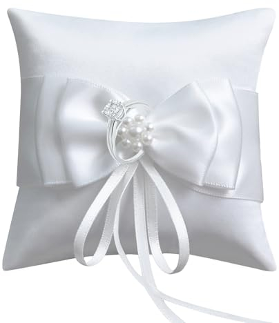 HANIUTTY Cuscino Fedi Nuziali, Avorio Cuscino Porta Fedi Matrimonio Cuscino ricamato con Fiocchetto per fedi nuziali Matrimonio Cerimonie Forniture per Decorazione della Festa Nuziale(10 x10 cm)