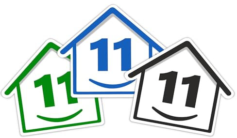 3 x Bin Numbers for Wheelie Bins, 1-99, 15cm ‘Happy House’ Colour Design Dustbin Stickers, Easy Application Stick On Number Stickers - Weatherproof Self Adhesive Vinyl – Blue, Black and Green (11)