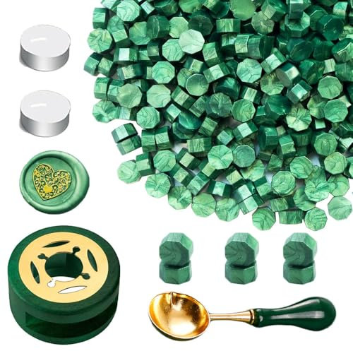 Wachs Siegel Perlen Set, Ioggtser Siegelwachs Perlen Set mit 450PCS Piniengrün Wachs Siegel Perlen, Wachs Siegel Warmer, Schmelzlöffel, 2 PCS Kerzen, Wachs Siegel Kit für Hochzeitseinladungen